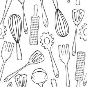 Hand drawn kitchen tools. Vector seamless pattern